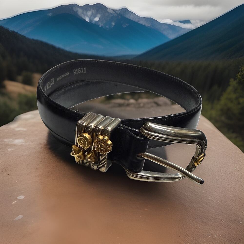 VTG Brighton Belt Womenâs M Black Leather Silver Gold Charms Western 1996 USA